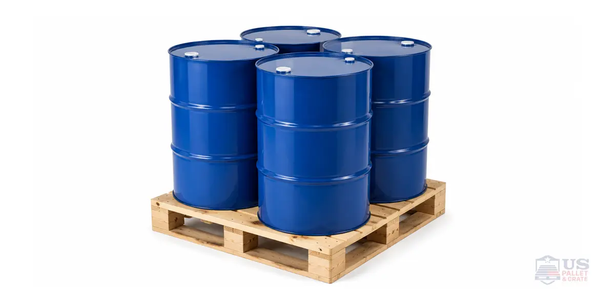 A 4-drum pallet built to carry and contain drums, supplied by U.S. Pallet & Crate in Houston, TX