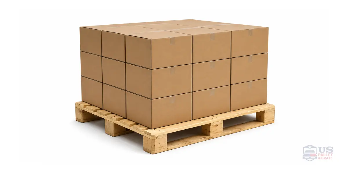 48x40 GMA Standard Pallet. A plain wood pallet 48x40 inches, supplied by U.S. Pallet & Crate in Houston, TX