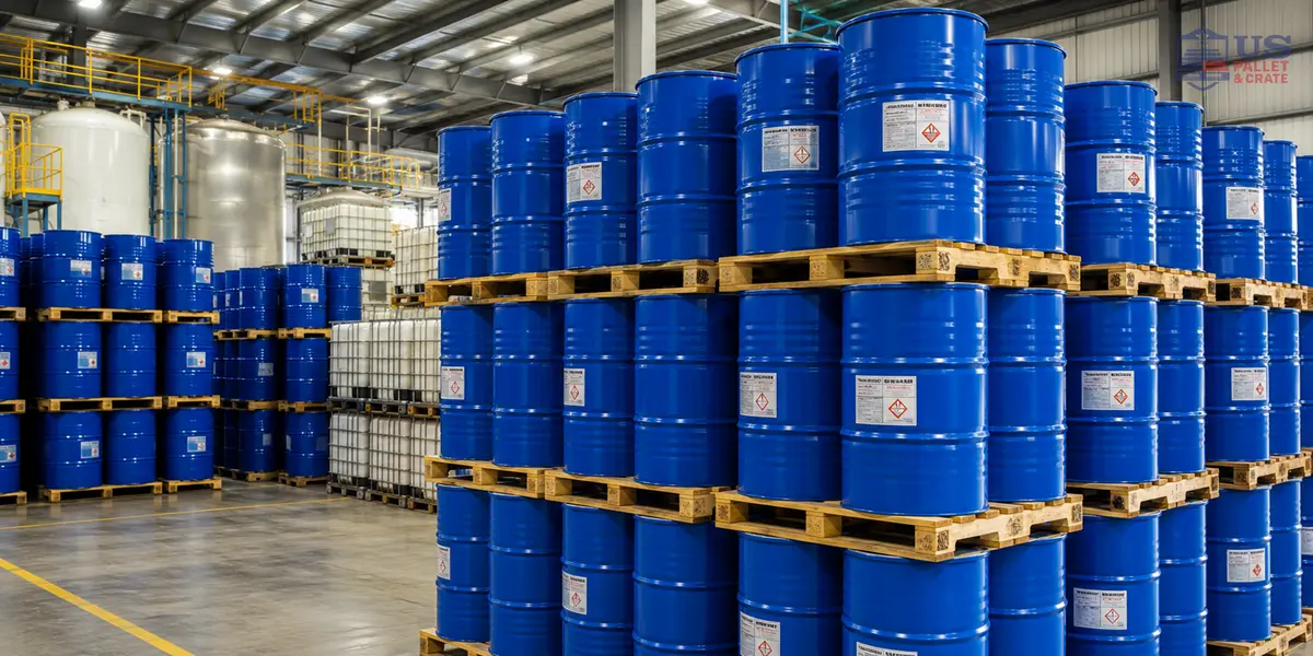 55-Gallon Drum Pallets. A pallet specifically built to hold one or more 55-gallon drums, supplied by U.S. Pallet & Crate in Houston, TX
