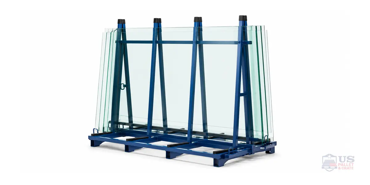 A-frames built to carry glass safely upright, supplied by U.S. Pallet & Crate in Houston, TX