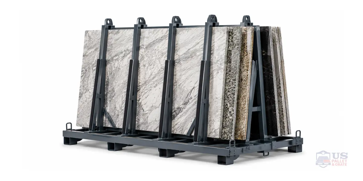 A-Frames for Stone. A heavier, more reinforced A-frame steel rack with thick stone slabs (granite, marble) leaning against both sides, supplied by U.S. Pallet & Crate in Houston, TX