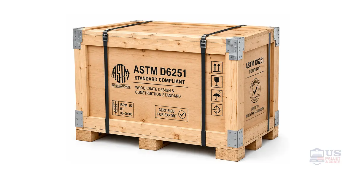 ASTM Standard Crates. A heavy-duty wood crate with reinforced corners, supplied by U.S. Pallet & Crate in Houston, TX