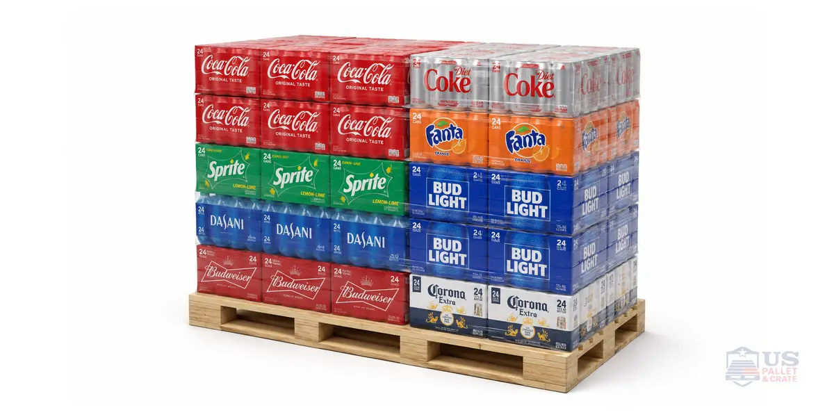 Beverage Pallets. A reinforced wood pallet stacked tall with brightly colored beverage cases (Coke cans, beer cases, water bottles), supplied by U.S. Pallet & Crate in Houston, TX