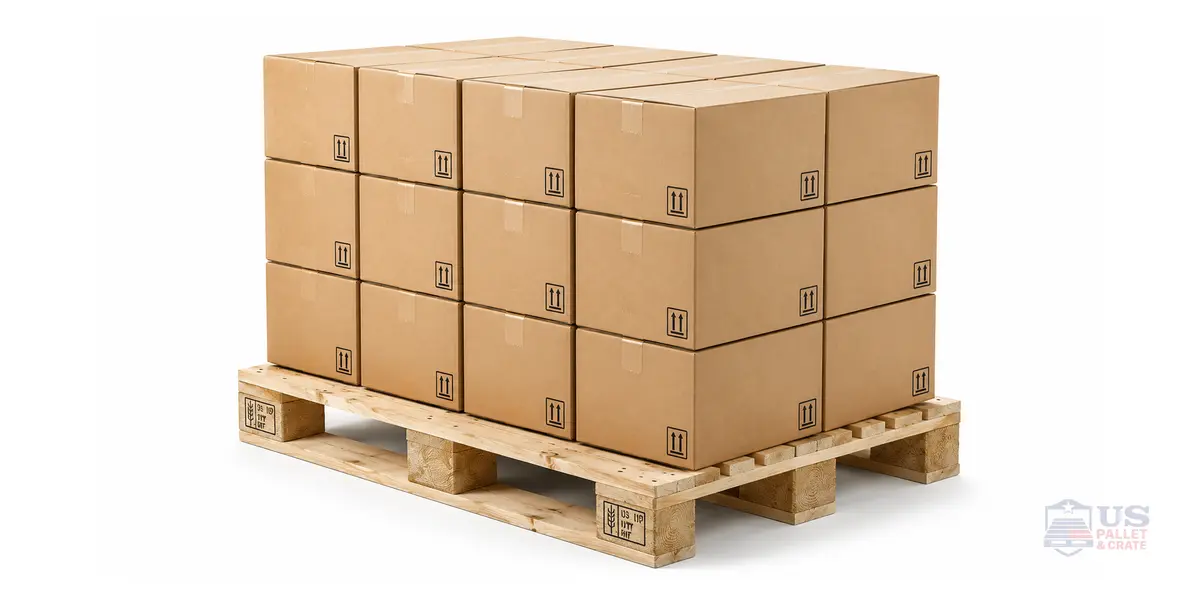 Block Style Pallets. A heavy-duty wood pallet with 9 square wood blocks underneath (visible at corners and center), supplied by U.S. Pallet & Crate in Houston, TX