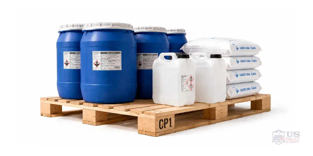 Chemical Pallets (CP1-CP9). Wood pallets stamped with 'CP1' through 'CP9' codes in black ink, supplied by U.S. Pallet & Crate in Houston, TX