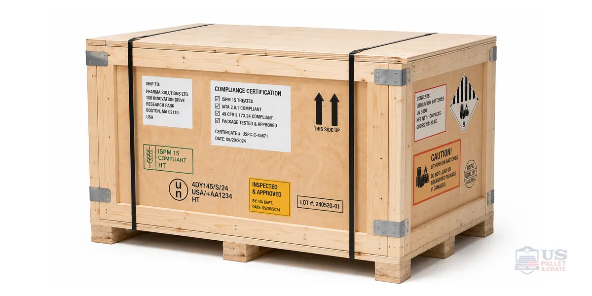 Compliance Crating for Regulated Materials. A heavy-duty crate with visible certification labels, compliance stamps, and inspection tags, supplied by U.S. Pallet & Crate in Houston, TX