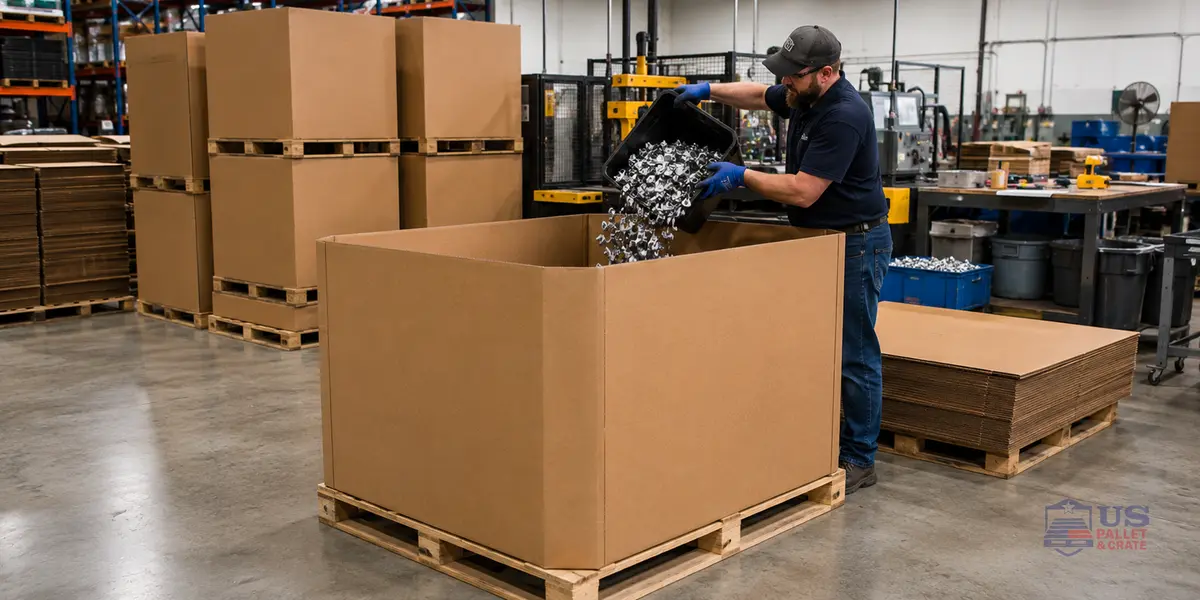 Custom Gaylord Boxes. A workshop building or filling beige/brown corrugated cardboard gaylord boxes to custom dimensions, supplied by U.S. Pallet & Crate in Houston, TX