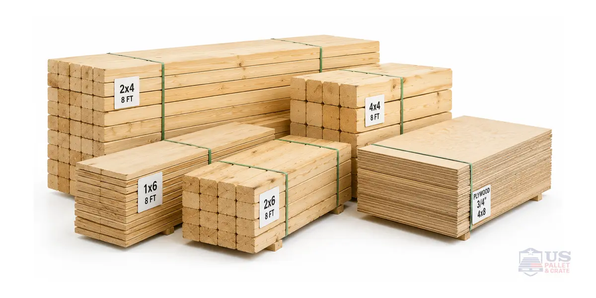 Custom cut lumber and board sizes stacked for delivery, supplied by U.S. Pallet & Crate in Houston, TX