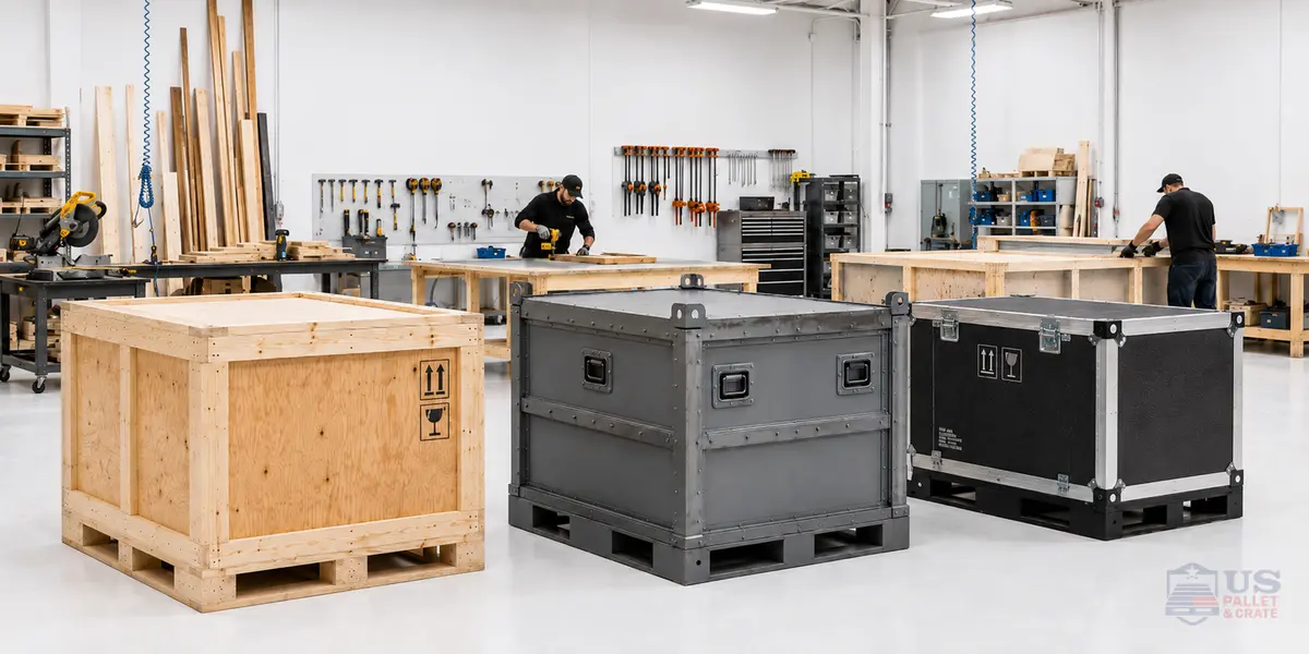 Custom Size Crate Fabrication (All Materials). A crate-building workshop showing three crates side by side — one wood, one metal, one composite material — all built to custom dimensions, supplied by U.S. Pallet & Crate in Houston, TX