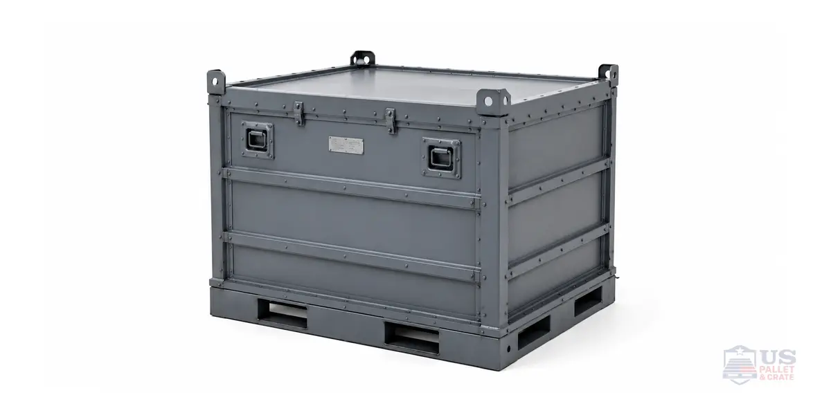 Custom Size Metal Crate Fabrication. A welded steel or aluminum crate, painted gray or blue, with riveted or welded seams, supplied by U.S. Pallet & Crate in Houston, TX