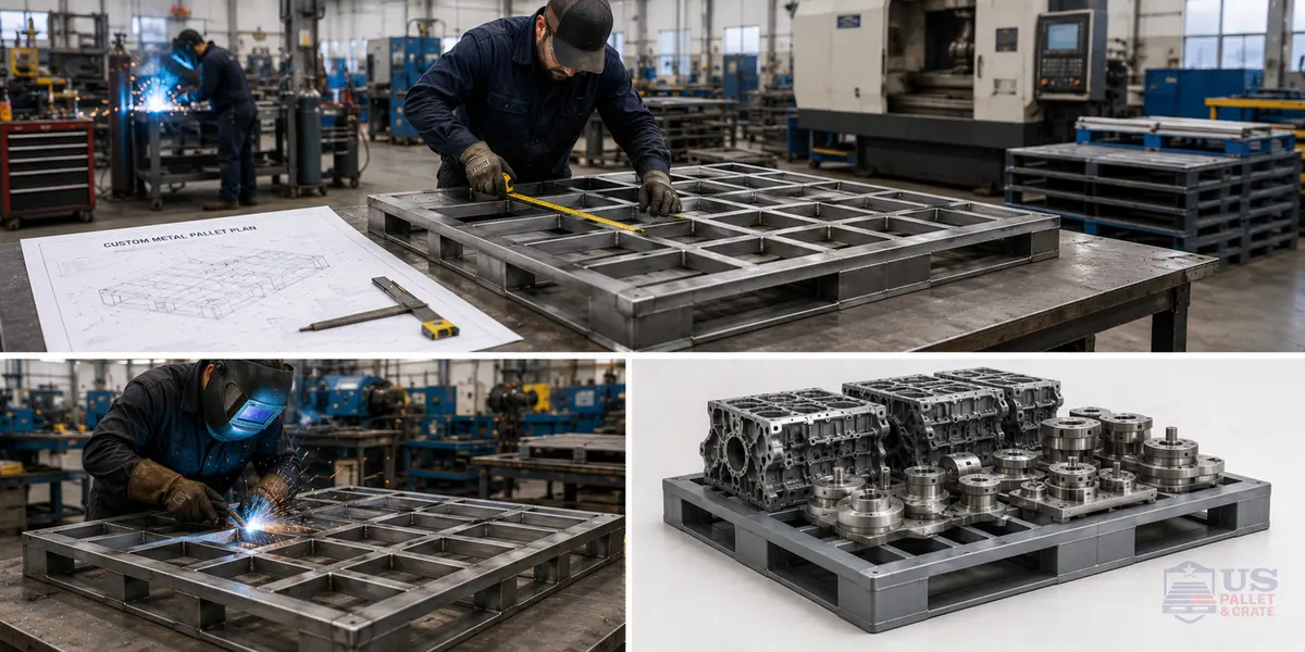 Custom Size Metal Pallet Fabrication. A welded steel or aluminum pallet with a visible grid pattern, painted gray, blue, or zinc-coated silver, supplied by U.S. Pallet & Crate in Houston, TX