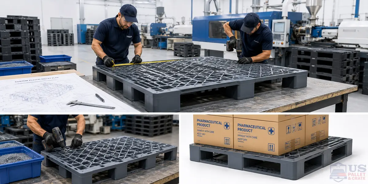 Custom Size Plastic Pallet Fabrication. A custom-sized plastic pallet (gray, blue, or black) with a molded honeycomb or grid pattern on the deck, supplied by U.S. Pallet & Crate in Houston, TX