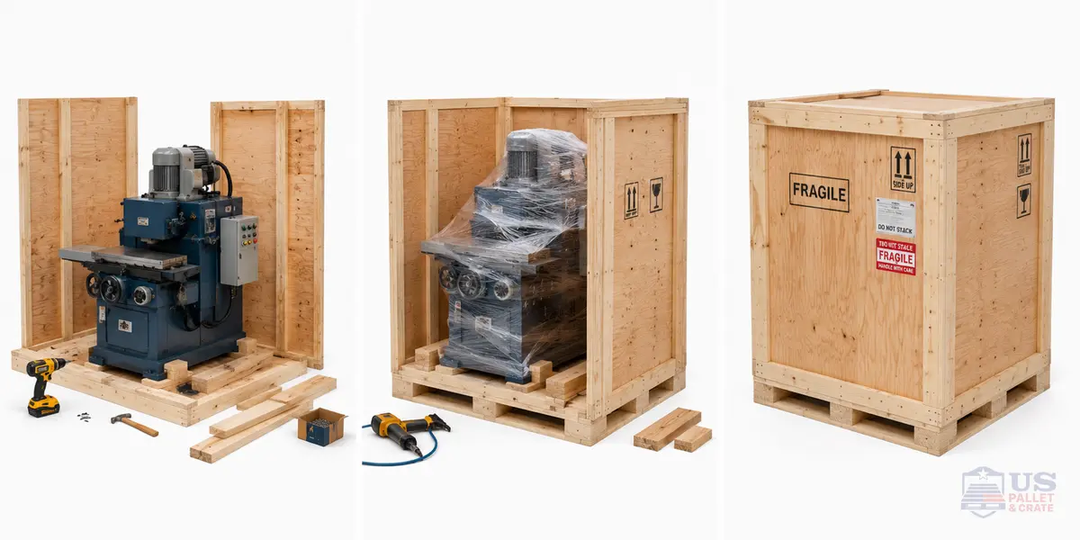 Custom Size Wood Crate Fabrication. A wooden shipping crate built to spec, plywood panels with wood framing, supplied by U.S. Pallet & Crate in Houston, TX