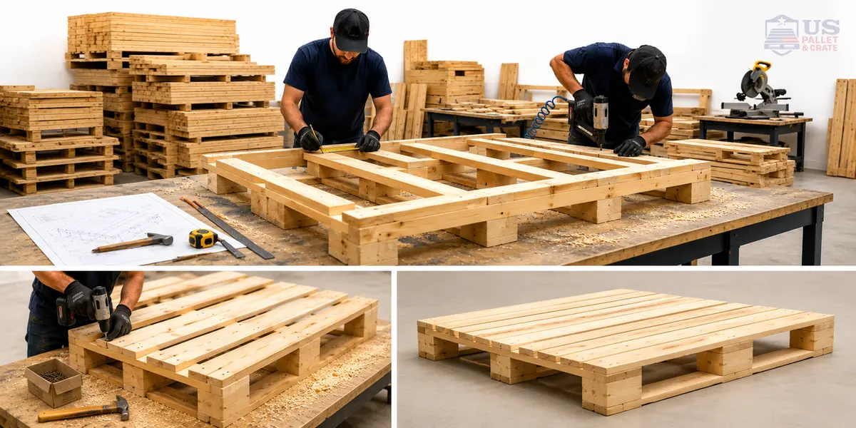 Custom Size Wood Pallet Fabrication. A pallet workshop in progress, supplied by U.S. Pallet & Crate in Houston, TX