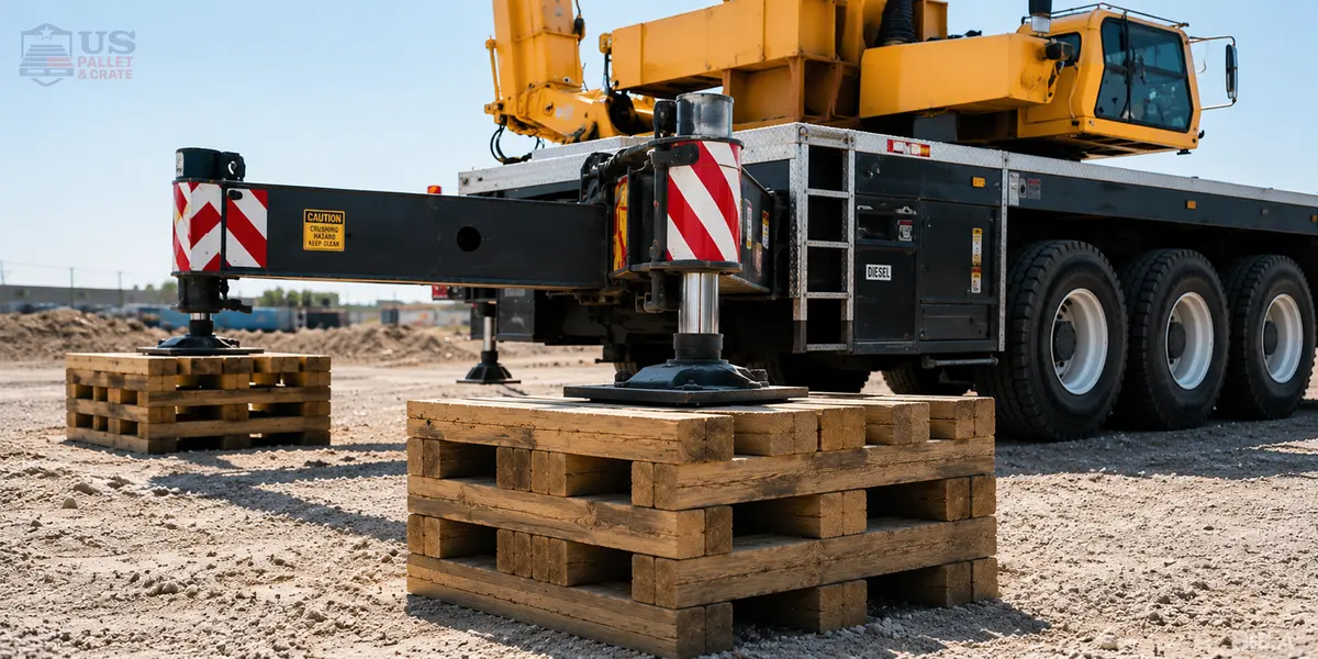 Custom Wood Cribbing. Thick wood blocks (4x4, 6x6 or 8x8) stacked in a crisscross pattern under a crane outrigger or piece of heavy equipment, supplied by U.S. Pallet & Crate in Houston, TX