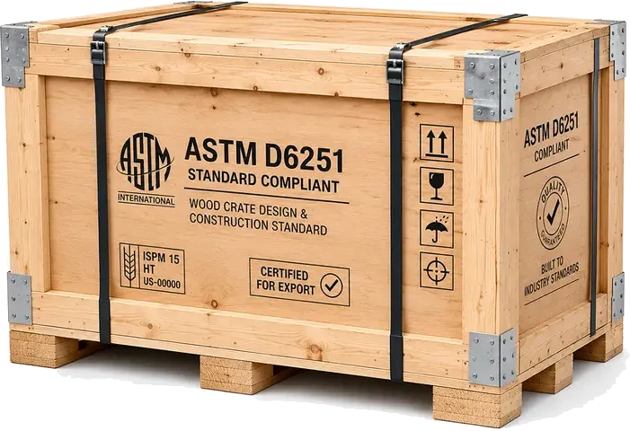 ASTM Standard Crates. A heavy-duty wood crate with reinforced corners, supplied by U.S. Pallet & Crate in Houston, TX