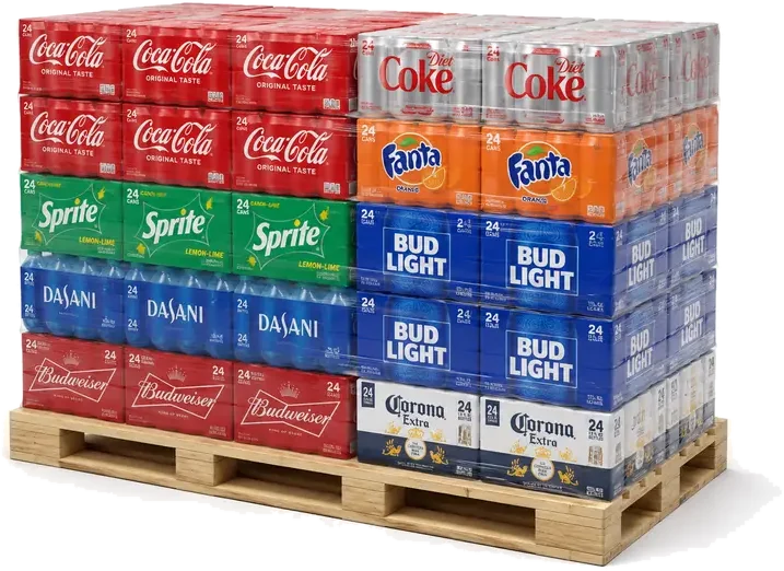 Beverage Pallets. A reinforced wood pallet stacked tall with brightly colored beverage cases (Coke cans, beer cases, water bottles), supplied by U.S. Pallet & Crate in Houston, TX
