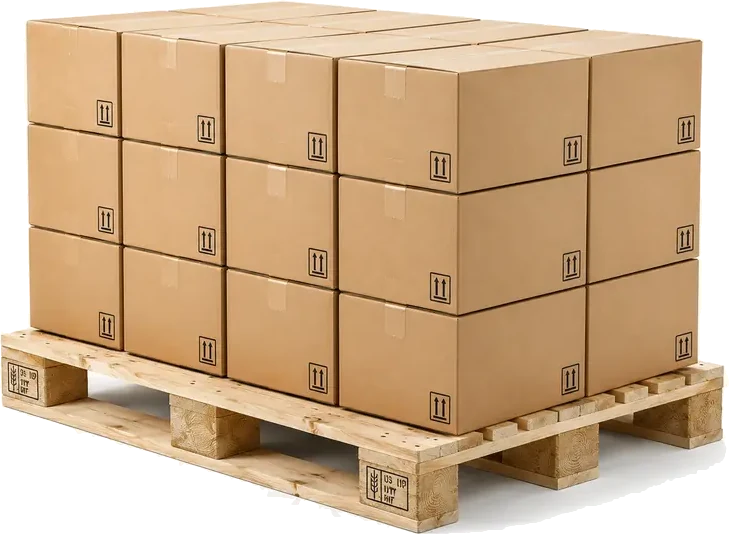 Block Style Pallets. A heavy-duty wood pallet with 9 square wood blocks underneath (visible at corners and center), supplied by U.S. Pallet & Crate in Houston, TX