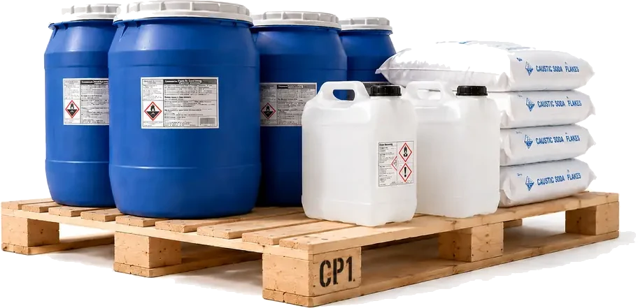 Chemical pallets in the CP1 to CP9 range carrying drums and jugs, supplied by U.S. Pallet & Crate in Houston, TX