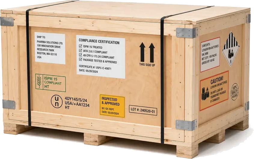 Compliance Crating for Regulated Materials. A heavy-duty crate with visible certification labels, compliance stamps, and inspection tags, supplied by U.S. Pallet & Crate in Houston, TX