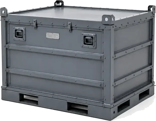 Custom Size Metal Crate Fabrication. A welded steel or aluminum crate, painted gray or blue, with riveted or welded seams, supplied by U.S. Pallet & Crate in Houston, TX
