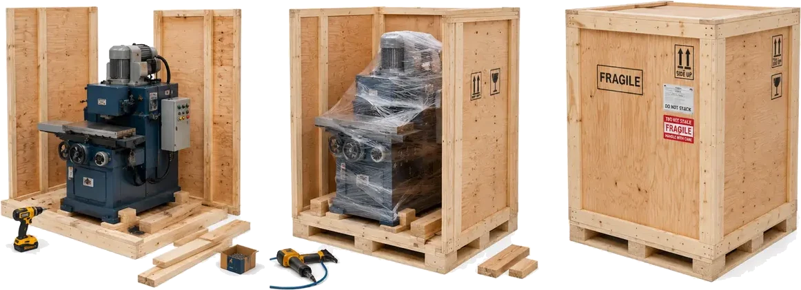 Custom Size Wood Crate Fabrication. A wooden shipping crate built to spec, plywood panels with wood framing, supplied by U.S. Pallet & Crate in Houston, TX
