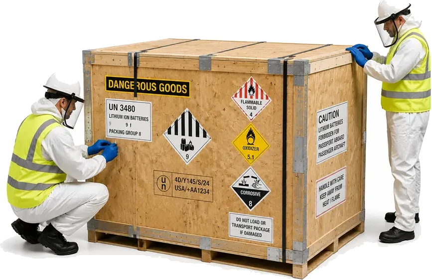 Dangerous Goods Crating. A reinforced wood or composite crate with multiple warning labels and hazmat placards, supplied by U.S. Pallet & Crate in Houston, TX