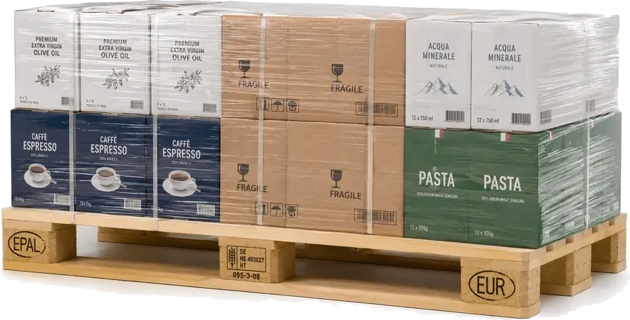 A Euro pallet at 1200 x 800 mm carrying boxed goods, supplied by U.S. Pallet & Crate in Houston, TX