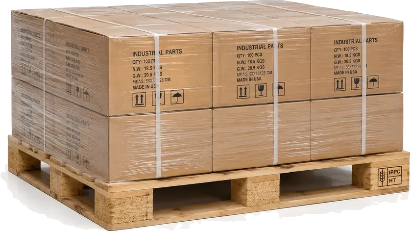 Export-Ready Heat-Treated Pallets. A heat-treated pallet with ISPM-15 stamps, loaded inside a 40-foot shipping container with the doors open, supplied by U.S. Pallet & Crate in Houston, TX