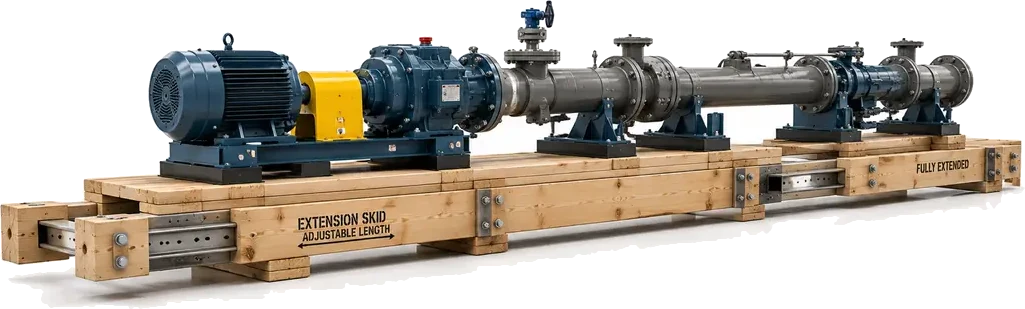 Extension / Telescoping Skids. A heavy-duty wood skid with telescoping or extendable side rails visible, supplied by U.S. Pallet & Crate in Houston, TX