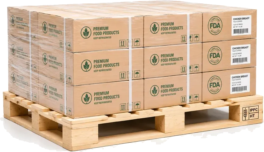 FDA-Compliant Pallets. A bright, clean wood pallet with both FDA-grade cleanliness (no mold, splinters, contamination) AND a visible IPPC/HT stamp, supplied by U.S. Pallet & Crate in Houston, TX