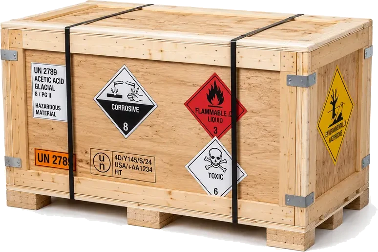 Hazmat Crating. A heavy crate with bright orange/yellow hazmat warning placards (the iconic diamond-shaped warning symbols with flames, skull and crossbones, or chemical icons), supplied by U.S. Pallet & Crate in Houston, TX