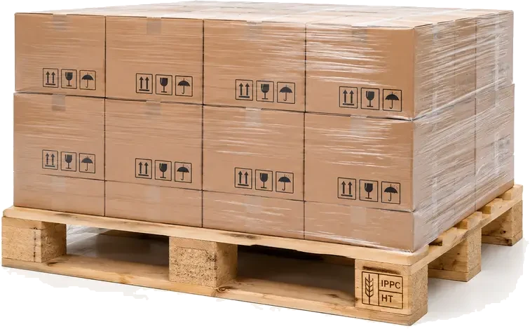 Heat-Treated Wood Pallets (ISPM-15 Certified). A wood pallet with a clearly visible 'IPPC' and 'HT' (heat treated) stamp burned into the corner block, supplied by U.S. Pallet & Crate in Houston, TX