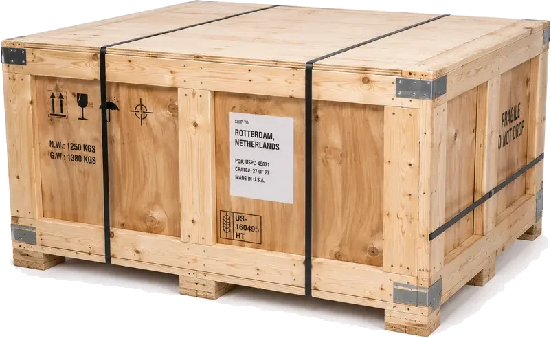 Heavyweight Export Crates. An extra-heavy wood crate with thick lumber framing, plywood panels, reinforced corners, and steel banding straps, supplied by U.S. Pallet & Crate in Houston, TX