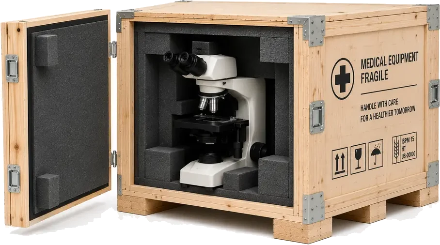 Lab Equipment Crating. A smaller, precisely built crate with extensive foam padding visible inside, supplied by U.S. Pallet & Crate in Houston, TX