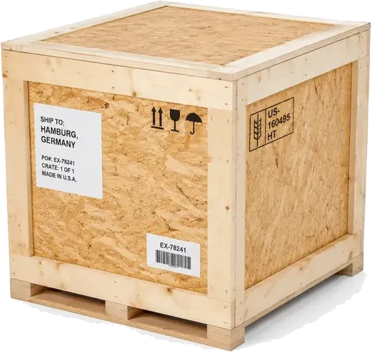 Lightweight Export Crates. A wood crate built with thinner lumber and OSB or engineered wood panels (lighter than full plywood), supplied by U.S. Pallet & Crate in Houston, TX