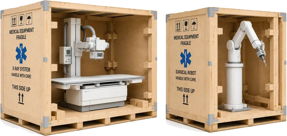 A crate built for medical equipment with protective interior packing, supplied by U.S. Pallet & Crate in Houston, TX