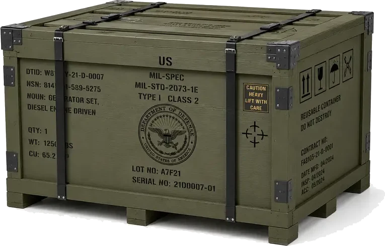 Military Specification Crates (Mil-Spec). Olive drab green or military gray crates with stenciled military markings, serial numbers, and Department of Defense stamps, supplied by U.S. Pallet & Crate in Houston, TX