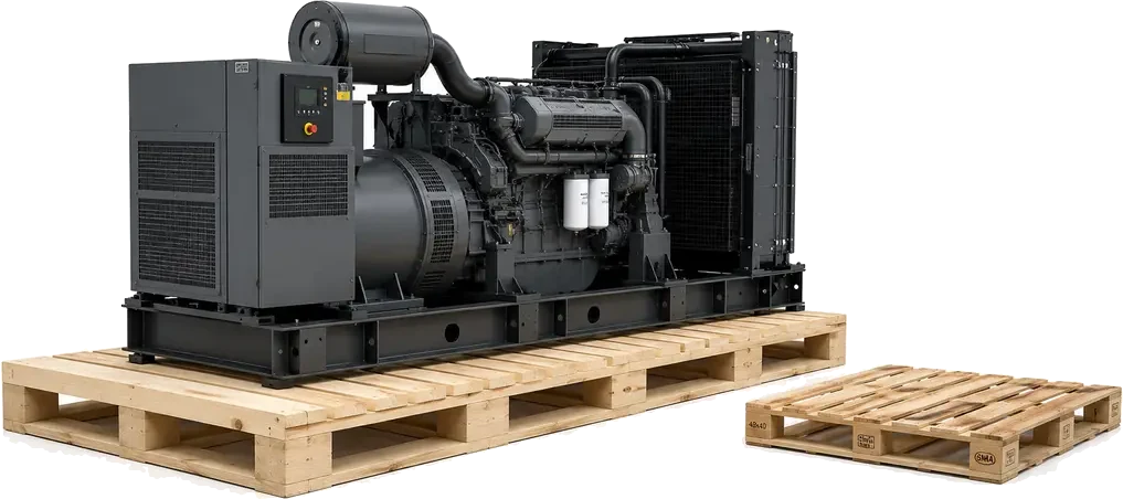 An oversized wood pallet carrying an industrial generator beyond the standard 48 x 40 footprint, supplied by U.S. Pallet & Crate in Houston, TX