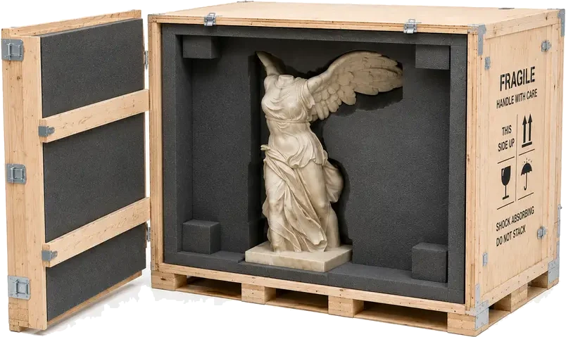 Protective & Fragile Goods Crating. A custom crate shown OPEN, revealing extensive foam padding, internal bracing, and custom fitting around a fragile object (a sculpture, instrument, or piece of art), supplied by U.S. Pallet & Crate in Houston, TX
