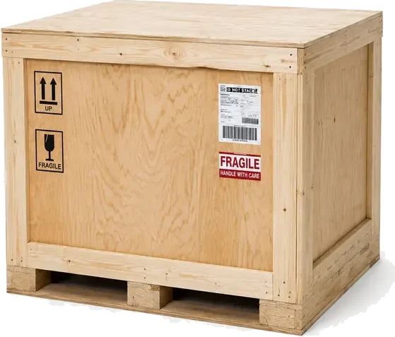Standard Wooden Shipping Crates. A rectangular wood crate with plywood walls and wood framing, nailed shut, supplied by U.S. Pallet & Crate in Houston, TX