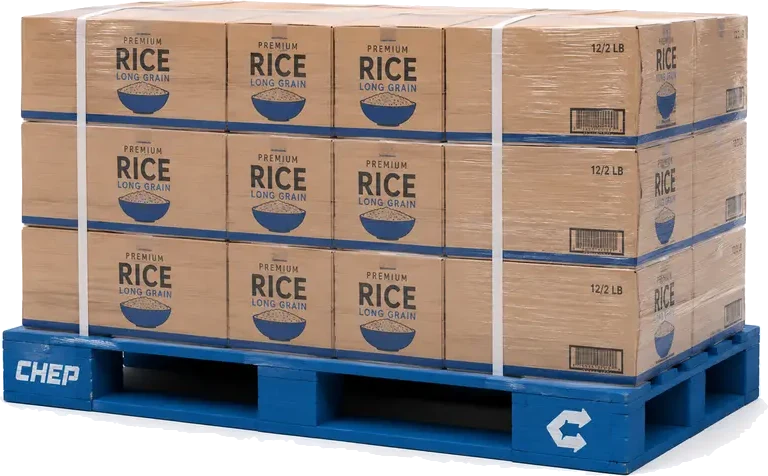 System Pallets. A wood pallet painted bright blue (CHEP) or red (PECO) or branded with a logo on the corner block, supplied by U.S. Pallet & Crate in Houston, TX