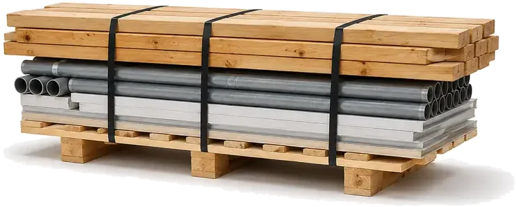 Wing Pallets (Overhang Deck). A wood pallet with top deck boards that extend beyond the supporting frame, creating overhanging 'wings.' Loaded with long materials like lumber, pipe, or sheet metal hanging slightly off the edges, supplied by U.S. Pallet & Crate in Houston, TX