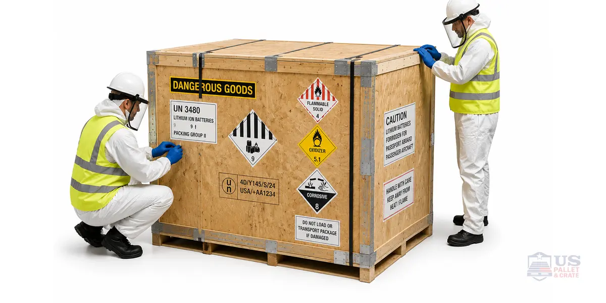 Dangerous Goods Crating. A reinforced wood or composite crate with multiple warning labels and hazmat placards, supplied by U.S. Pallet & Crate in Houston, TX