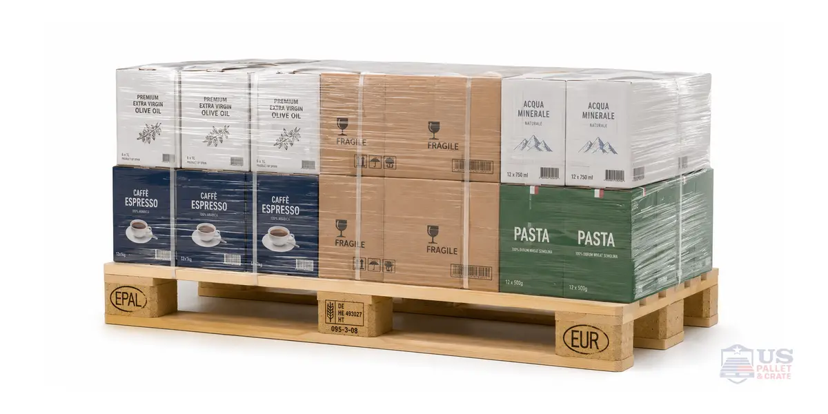 Euro Pallet (1200x800). A wood pallet 1200x800mm with 9 wooden blocks underneath (not long stringers), supplied by U.S. Pallet & Crate in Houston, TX