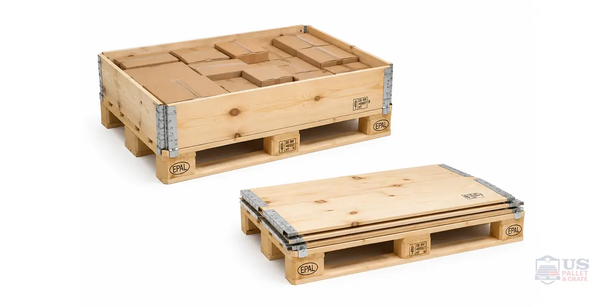 Euro Pallet Collars & Kits. Wooden side walls (4 panels) with metal hinges, attached to a Euro pallet to form a box, supplied by U.S. Pallet & Crate in Houston, TX