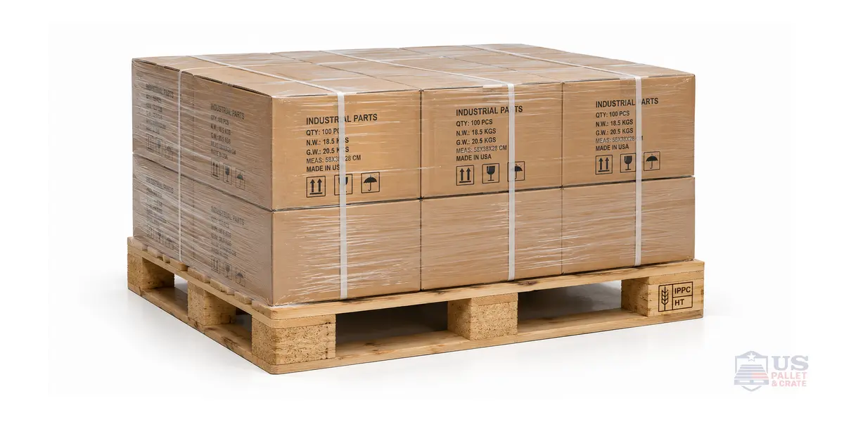 Export-Ready Heat-Treated Pallets. A heat-treated pallet with ISPM-15 stamps, loaded inside a 40-foot shipping container with the doors open, supplied by U.S. Pallet & Crate in Houston, TX