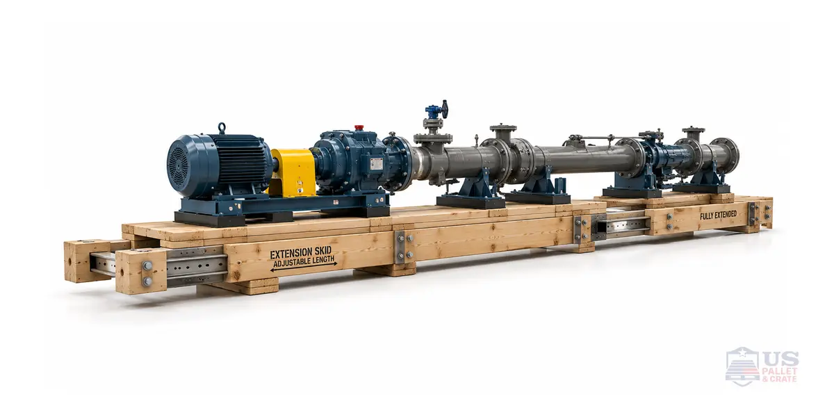 Extension / Telescoping Skids. A heavy-duty wood skid with telescoping or extendable side rails visible, supplied by U.S. Pallet & Crate in Houston, TX