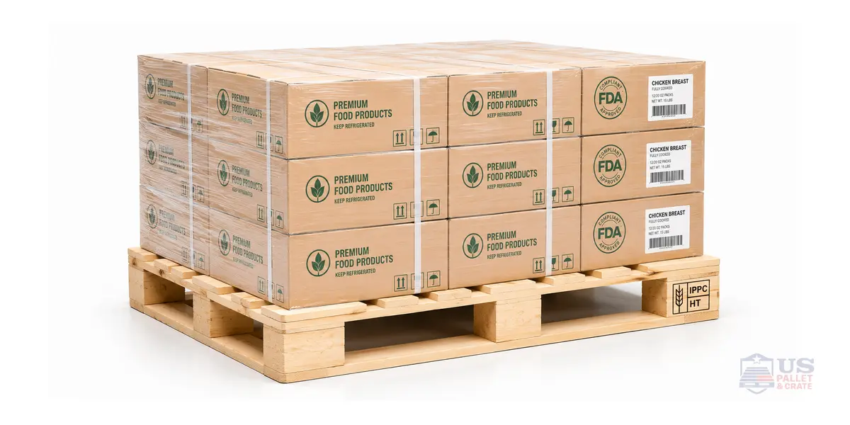 FDA-Compliant Pallets. A bright, clean wood pallet with both FDA-grade cleanliness (no mold, splinters, contamination) AND a visible IPPC/HT stamp, supplied by U.S. Pallet & Crate in Houston, TX