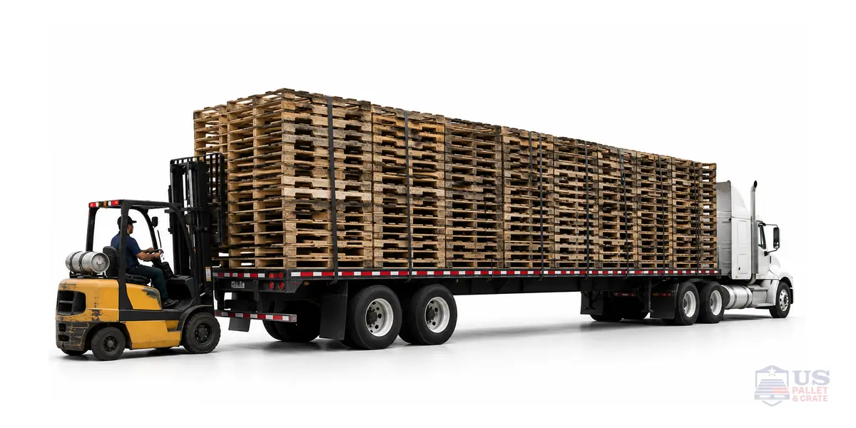 A full truckload of pallets staged for delivery, supplied by U.S. Pallet & Crate in Houston, TX